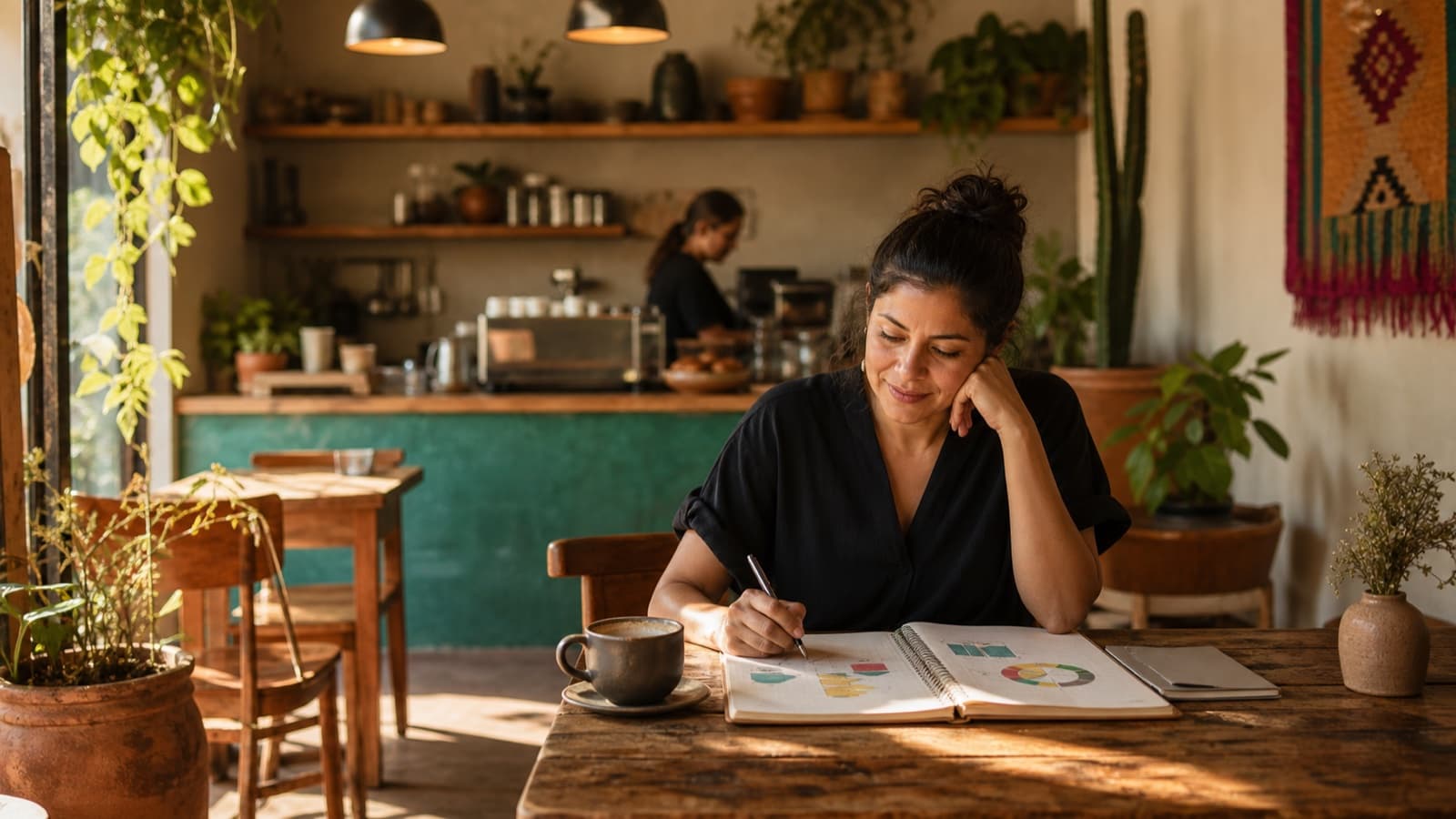 Dueña de cafetería planeando una campaña de recompra con una libreta